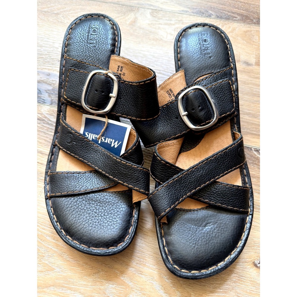 Børn Black Leather Crisscross Buckle Wedge Sandals Size 10 Slip-On Comfort NWOB - Picture 10 of 10